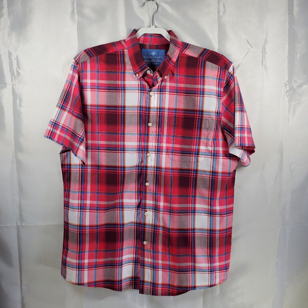 Saddlebred Button Up Short Sleeve Plaid Shirt Red White Blue 4th July Men Sz L